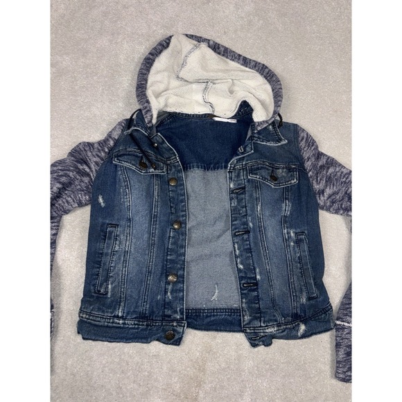 Free People Women's Cotton Denim Jean Woven Knit Sleeves Hoodie Jacket Blue Gray - Picture 5 of 10